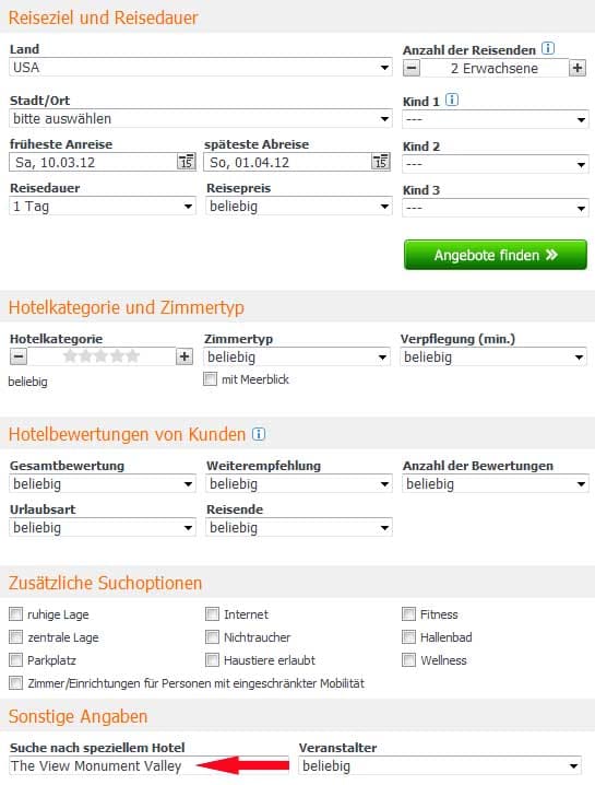 Buchungsmaske auf der Webseite von weg.de