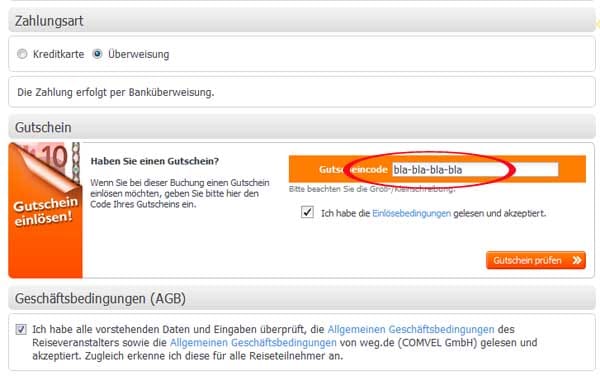 weg.de Gutschein Eingabe