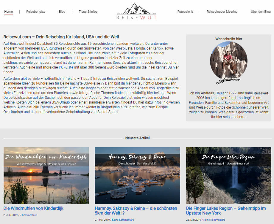 Die Landingpage von Reisewut.com im Mai 2019