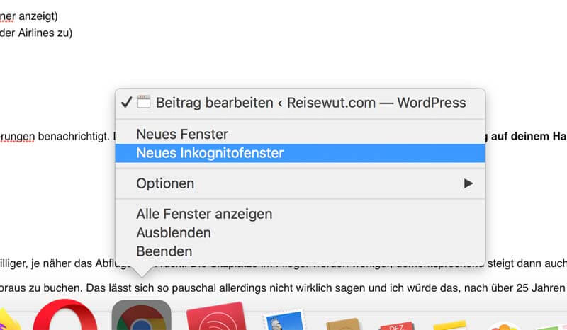 Inkognito-Modus bei Chrome aufrufen zum Flüge buchen