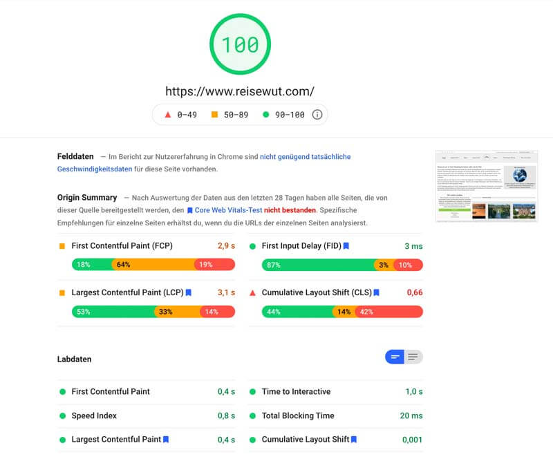 PageSpeed Insights Score für die Desktop-Webseite von Reisewut.com