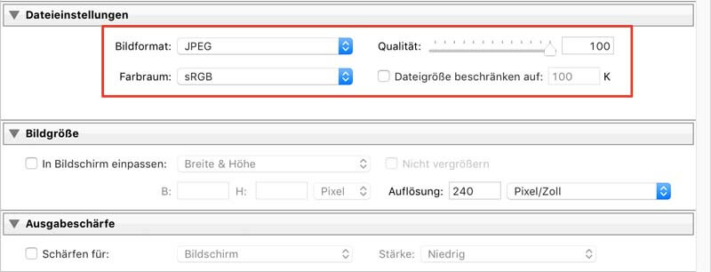 Im Prinzip ändere ich rein gar nichts an der Voreinstellung, welche die Qualität bei 100% lässt 