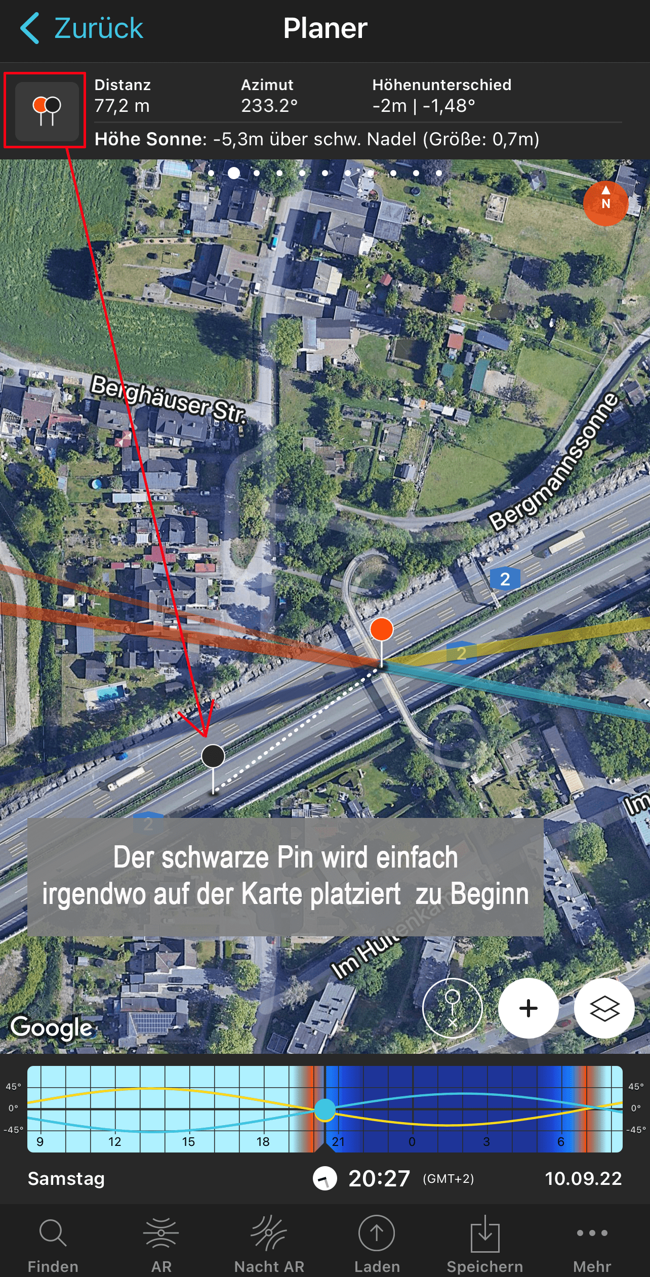 Der Aussichtspunkt meiner Wahl, die Autobahnbrücke, mit bereits aktivierten schwarzen Pin