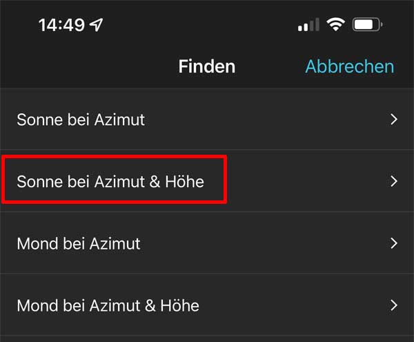 Hier klickst Du Sonne bei Azimut & Höhe an