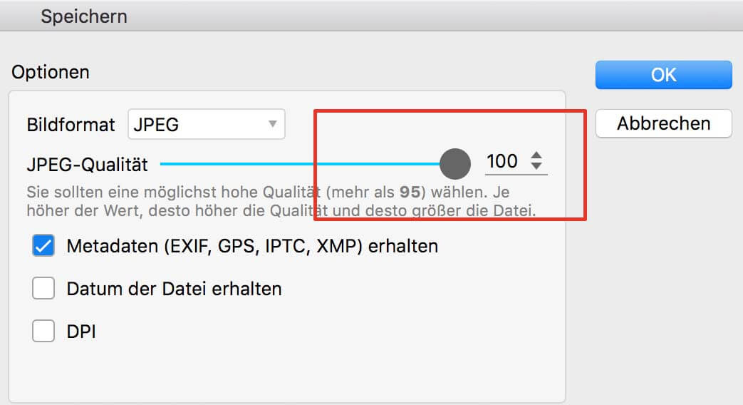 Auch bei PhotoScape lasse setze ich die JPEG-Qualität auf den maximal möglichen Wert