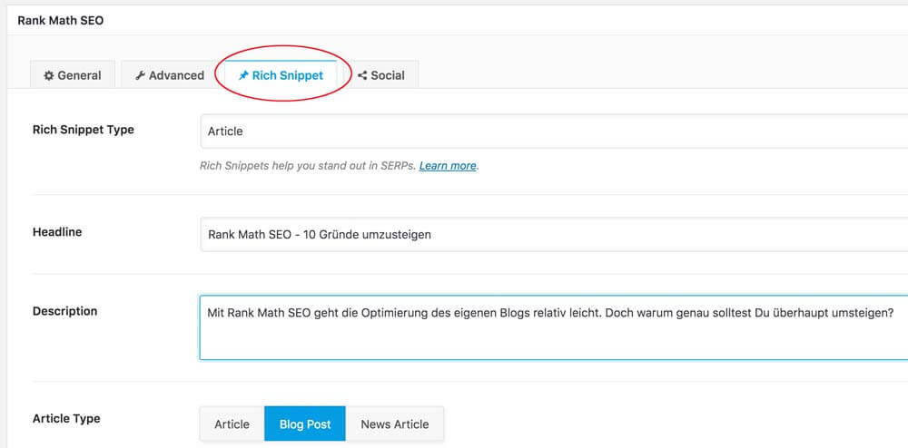 Auch wenn Rank Math automatisch Schema überträgt an Google kannst Du hier trotzdem noch bestimmen was dort ausgeliefert werden soll