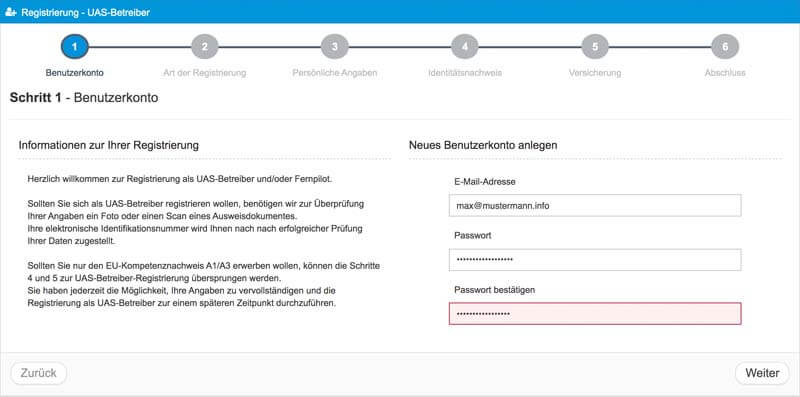 Schritt 1 Registrierung EU-Drohnenverordnung