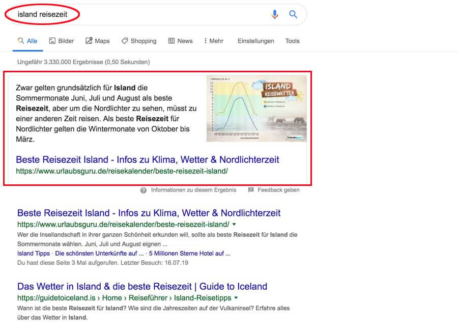 Für den Suchbegriff Island + Reisezeit gibt es aktuell ein Snippet von Urlaubsguru