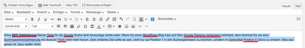 Der erste Absatz des Artikels. So gut wie alle relevanten Keywörter sind darin eingebaut