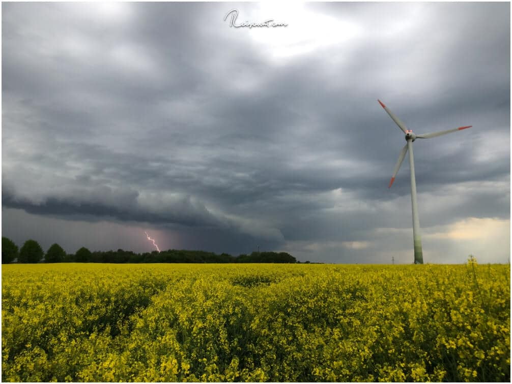 Ein Rapsfeld, ein Windrad, dunkle Wolken und ein Blitz ... fertig ist das Fotomotiv