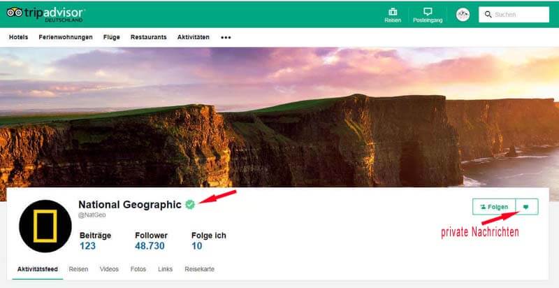 Der ominöse grüne Haken bei TripAdvisor, hier am Beispiel von National Geographic