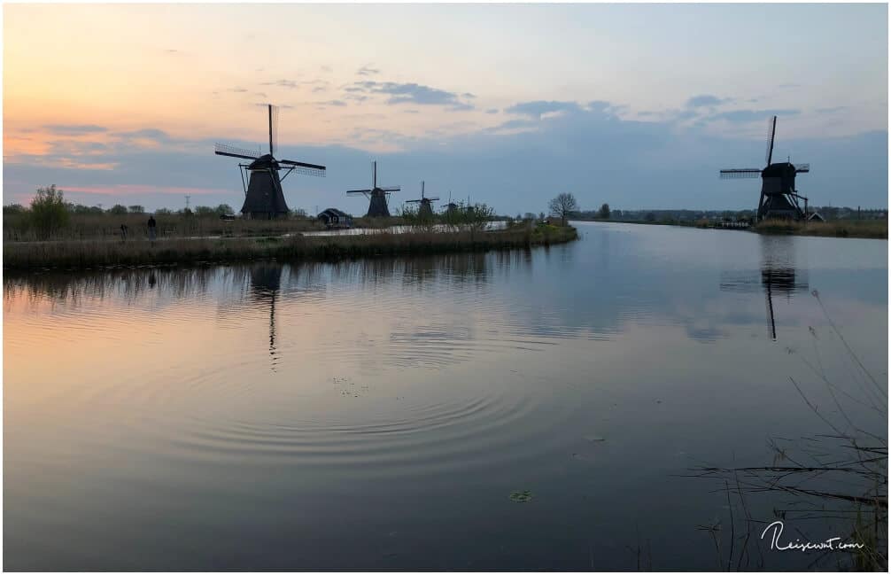 Rechts im Bild erkennt man De Blokker, die einzige Köcherwindmühle in Kinderdijk