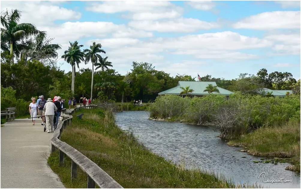 Der Anhinga Trail ist ein beliebter Treffpunkt der Besucher. Im Hintergrund erkennt man das Royal Palm Visitor Center.