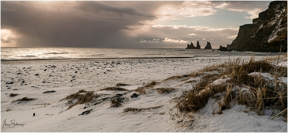 Die Felsnadeln von Reynisfjara im Hintergrund