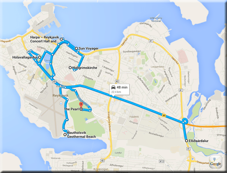 Karte meiner gefahrenen Strecke in Reykjavik 