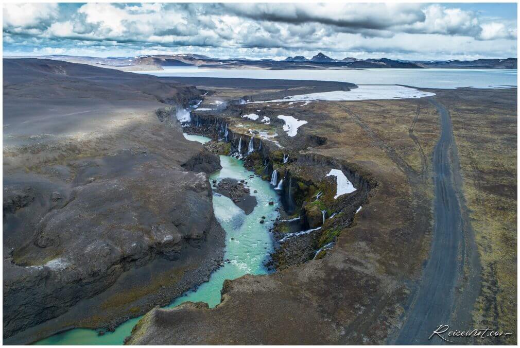 Sigöldugljúfur Canyon aus 80 Metern Höhe