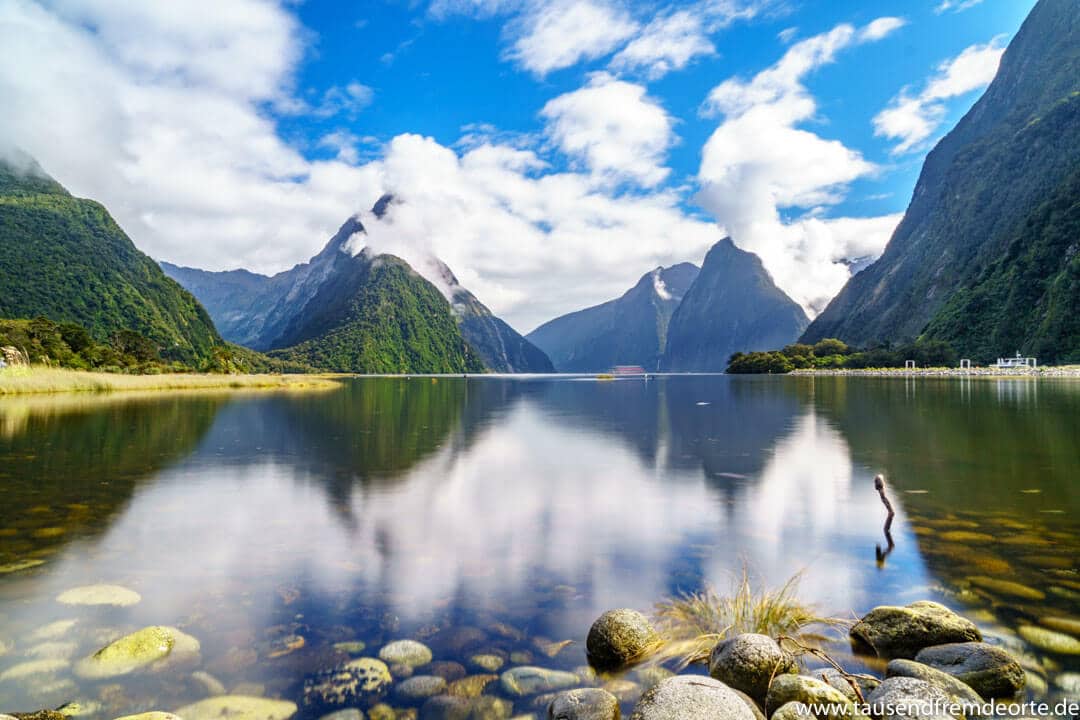 Milford Sound in Neuseeland. Die Landschaft hat uns dort einfach mal wieder erschlagen. Ganz klar, der Milford Sound ist sehr touristisch und du wirst hier nie allein sein, aber nach unserem Besuch wissen wir auch warum das so ist.